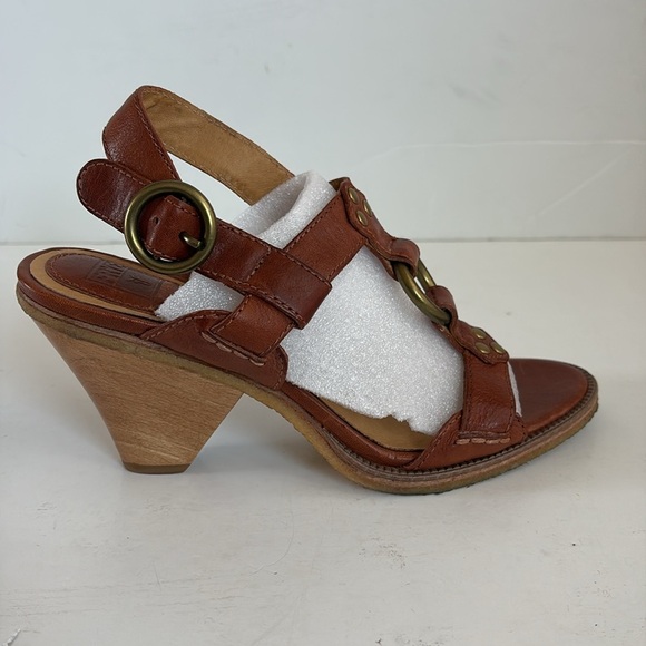 Frye Mandy T Strap brown leather up gladiator gold hardware open toe sandal cone - Picture 10 of 16
